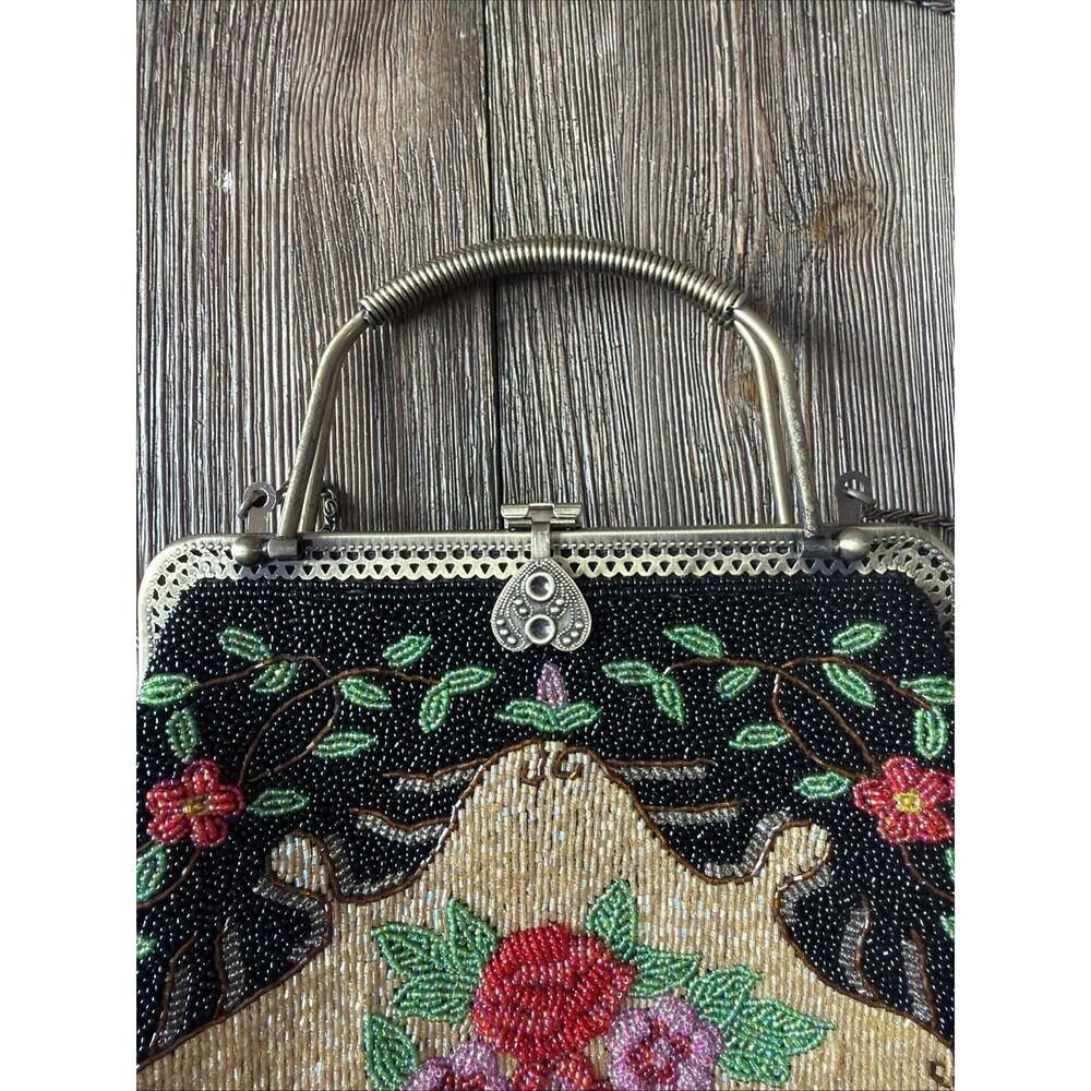Vintage Hand Beaded Purse Black Colorful Roses Bag 1950 1960 flapper party - Picture 5 of 16